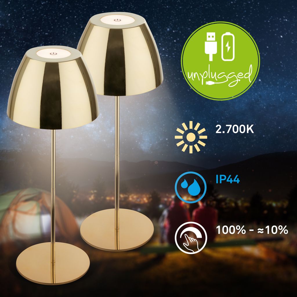 Serina Tischlampe 2er Set - 2,5W, 200lm, Kabellos, LED, Touch, Dimmbar, Goldfarbe