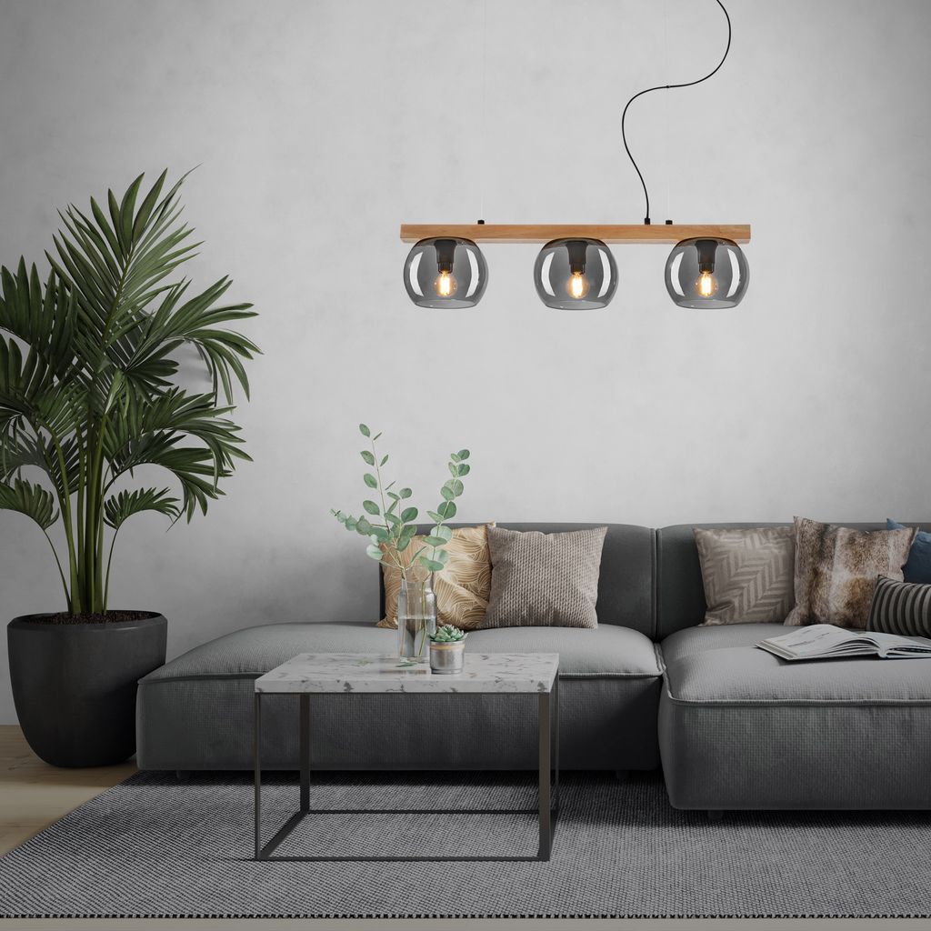 Briloner Leuchten KYRO Pendelleuchte 3x E14 Dimmbar Metall-Glas-Holz Holzfarben-Smoke 6