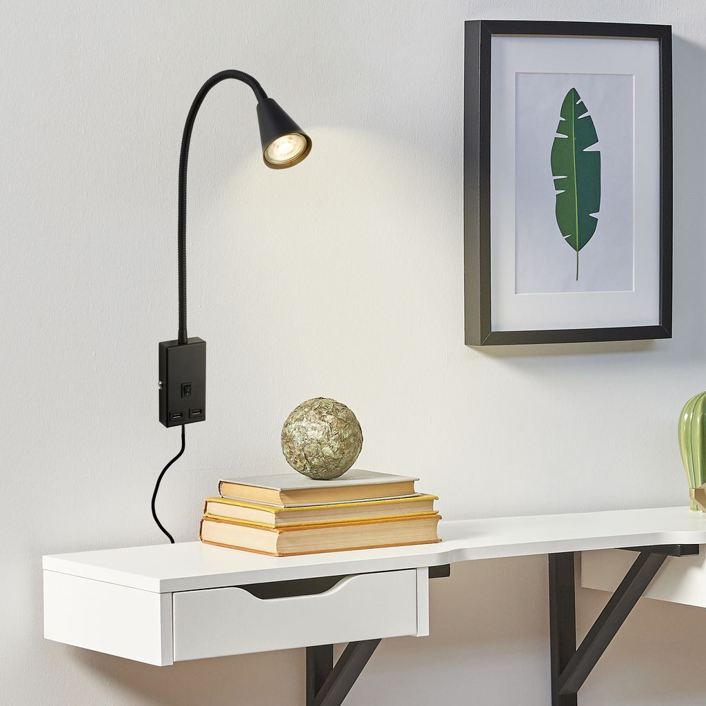 Briloner Justra leeslamp, draaibaar, 2 USB poorten, zwart