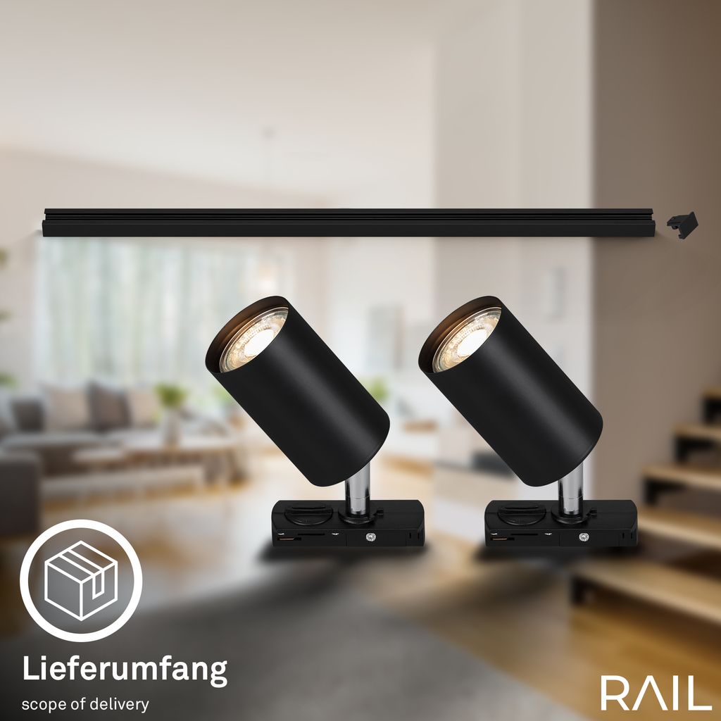 Briloner Rail Schienensystem. Erweiterungsset. 2x GU10 Spots. Schwenkbar. Drehbar. Schwarz. 0.75 m 4