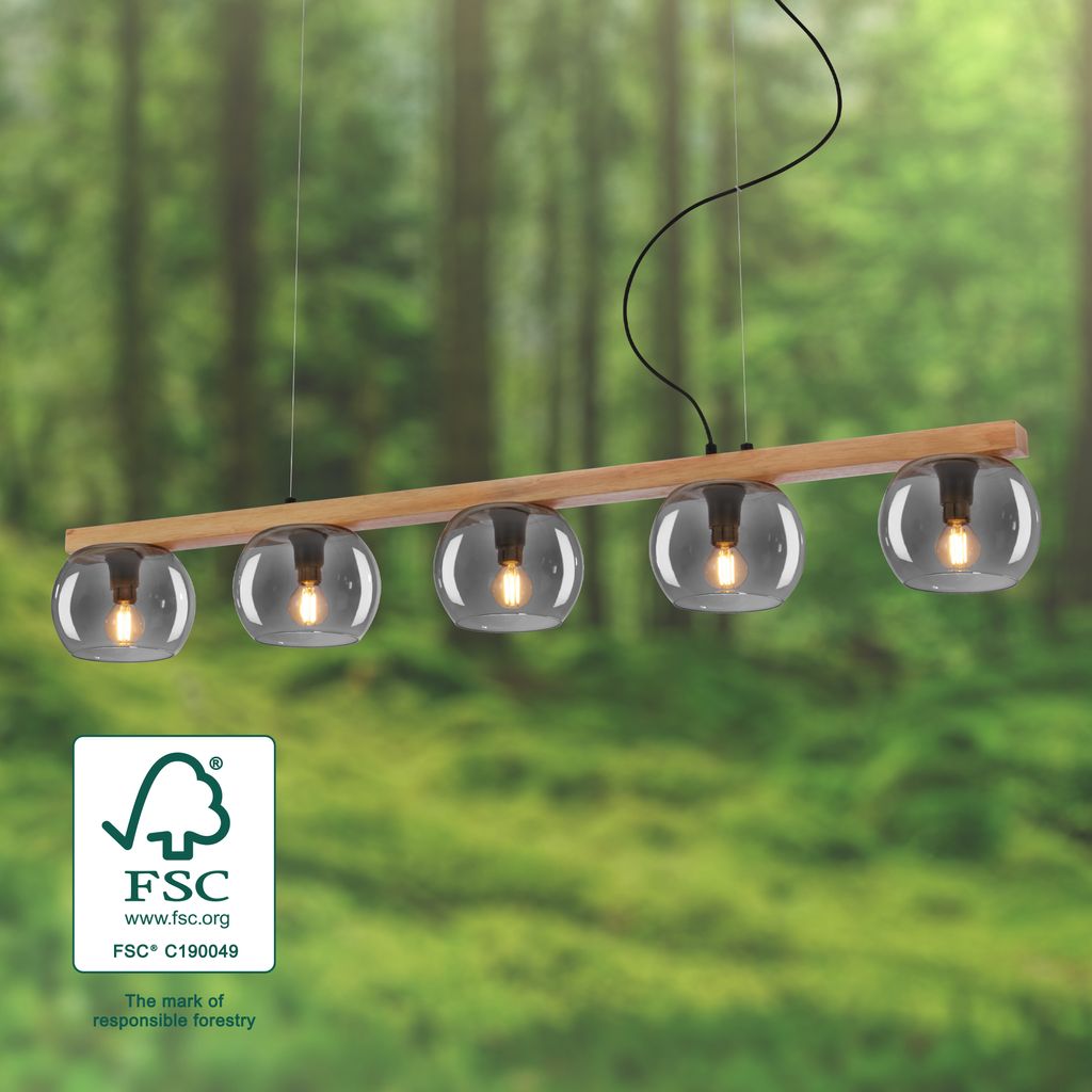 Pendant lamp. with wood. smoked glass. 5xE14/max.1 4