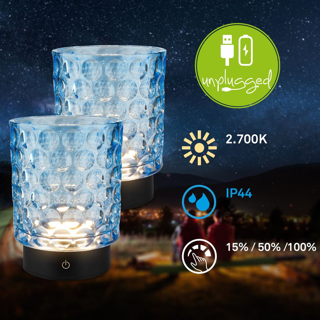 Sunora LED Tischlampe kabellos IP44, Dimmbar, Touch, 2er Set, Blau