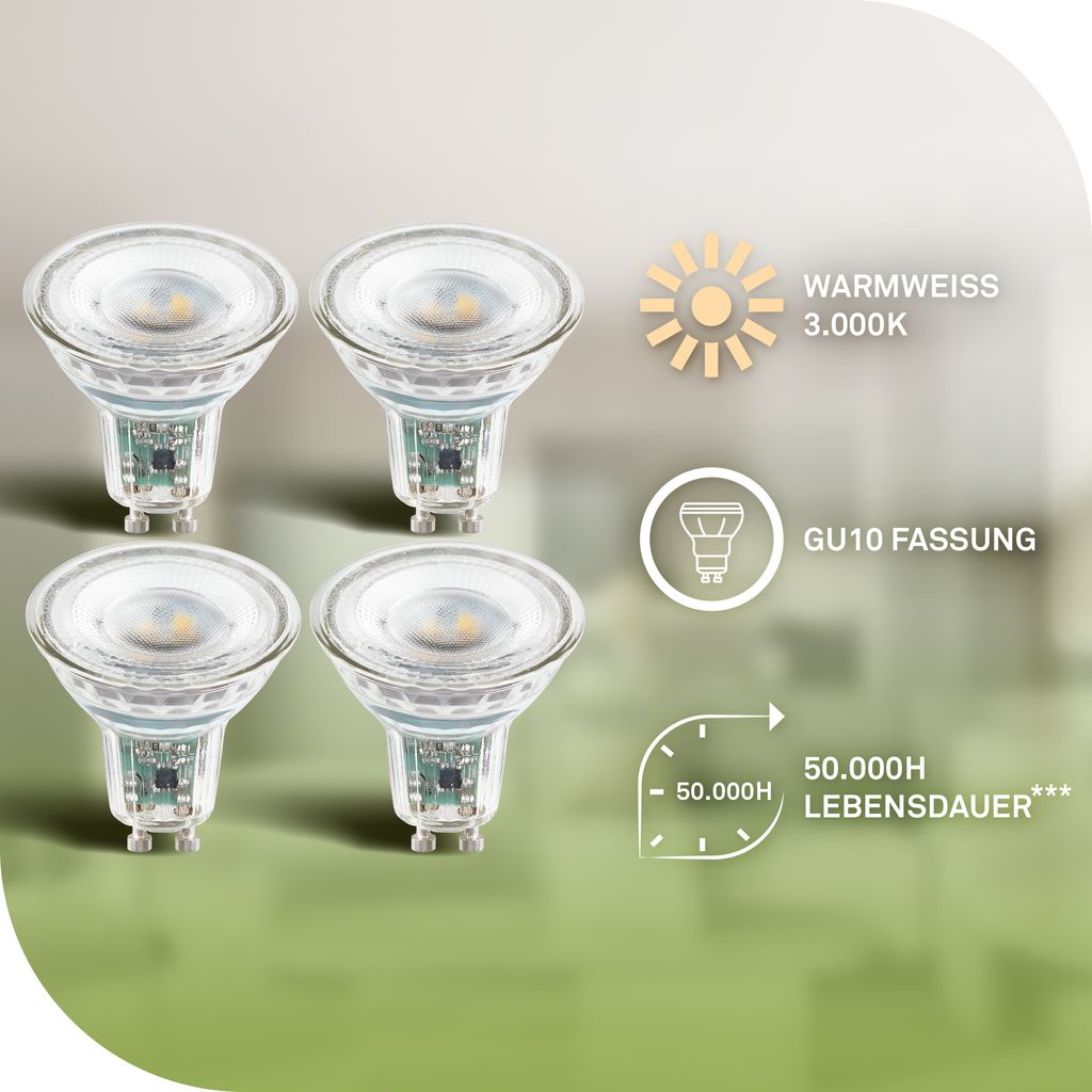 4er Set Bulb A LED Leuchtmittel EEK A - 4,7W, 850lm, GU10 Fassung, Warmweiß