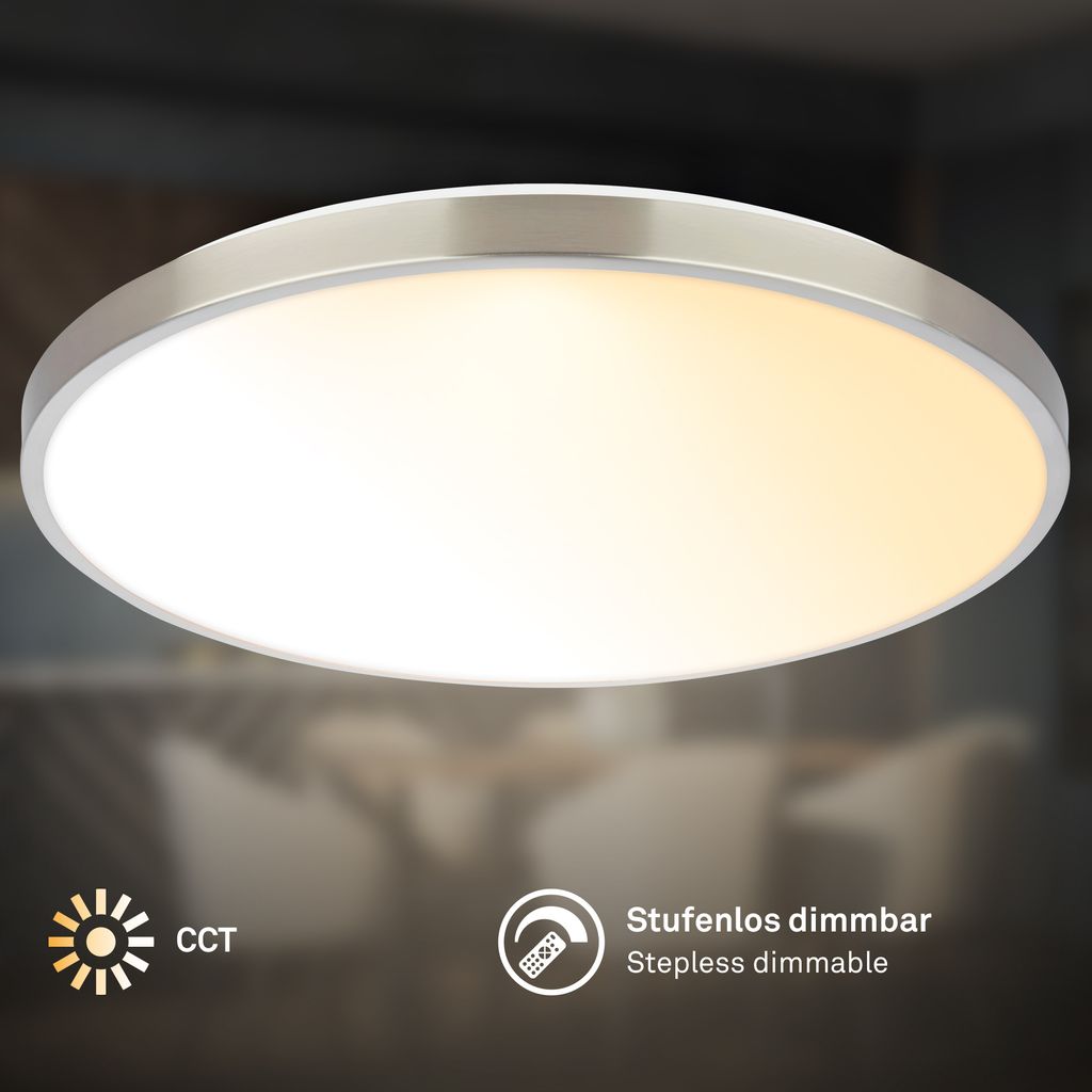 Competo Deckenlampe Ø38 cm - 24W, 2600lm, Dimmbar, Fernbedienung, CCT Warm-Neutralweiß, Nickel-Matt