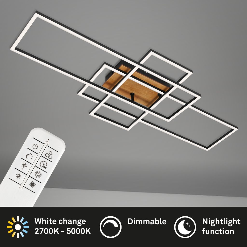 Frame LED ceiling light, dimmable, CCT, remote control, wood-metal colour