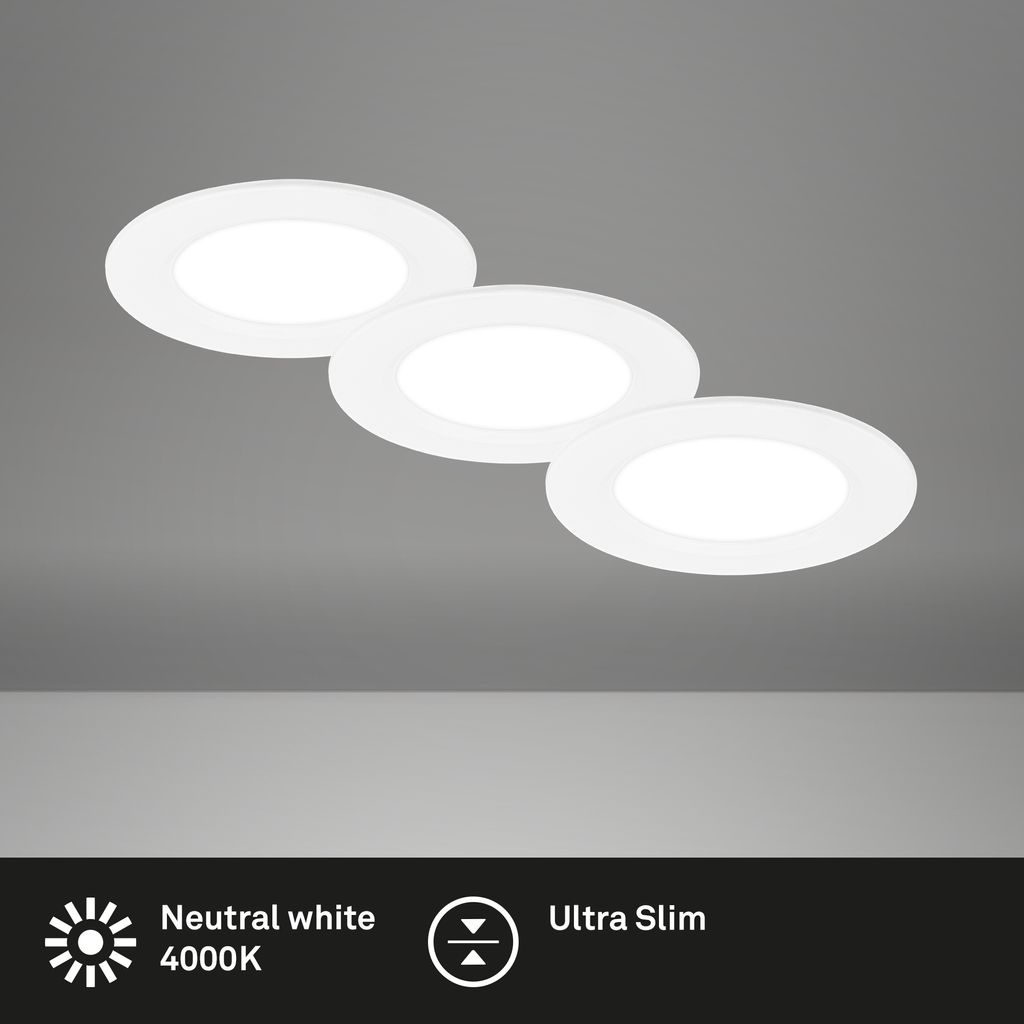 3er Set LED Einbaustrahler Ø90 mm, flach, 3W, 230V, Neutralweiß, Weiß