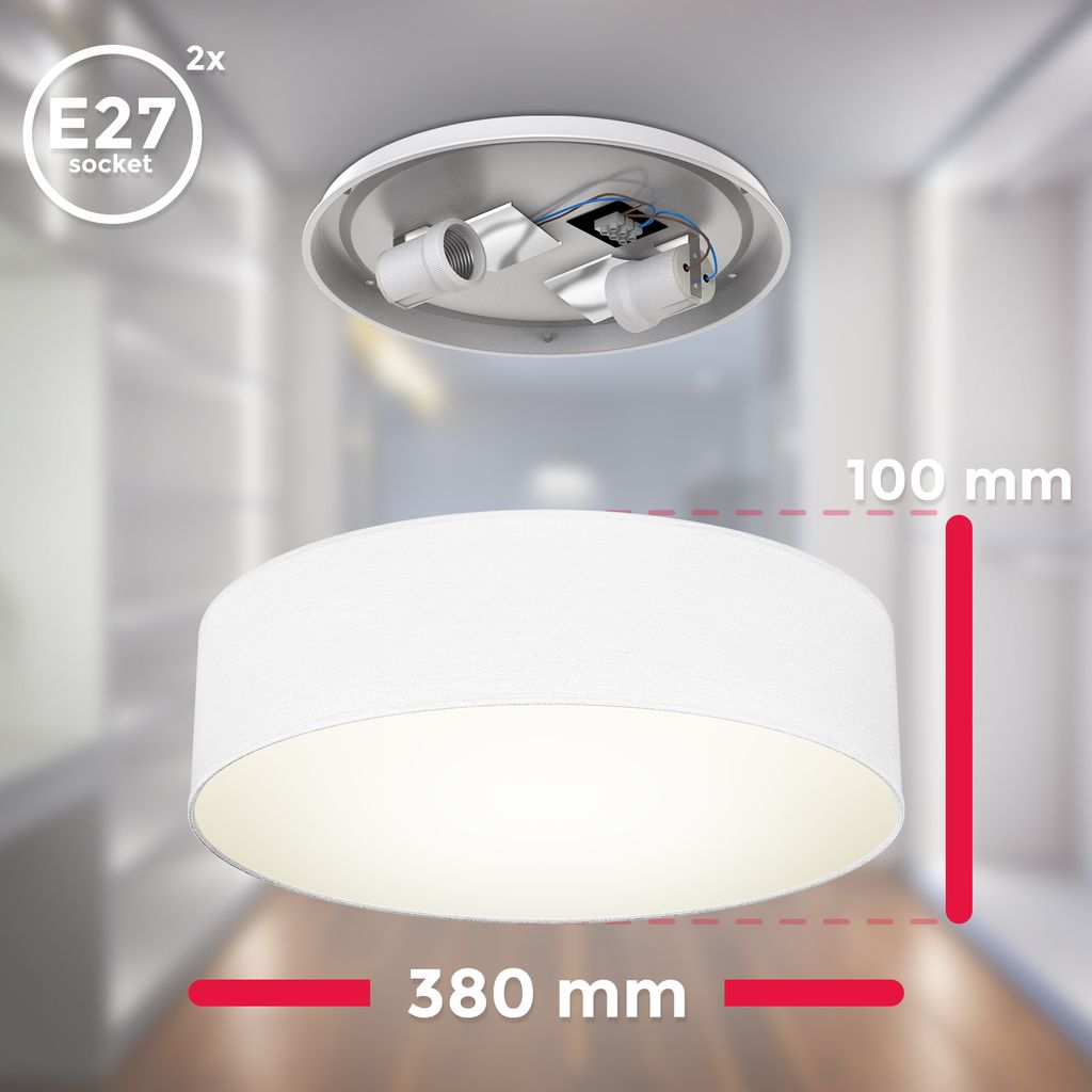 B.K.Licht Ceiling Lamp Shade, Ø38cm/15in, White Fabric, 2 E27 sockets, Bulbs not Included, Flush Mount Ceiling Fitting, Modern Light Fitting for Bedroom, Living Room, Dining Area, IP20