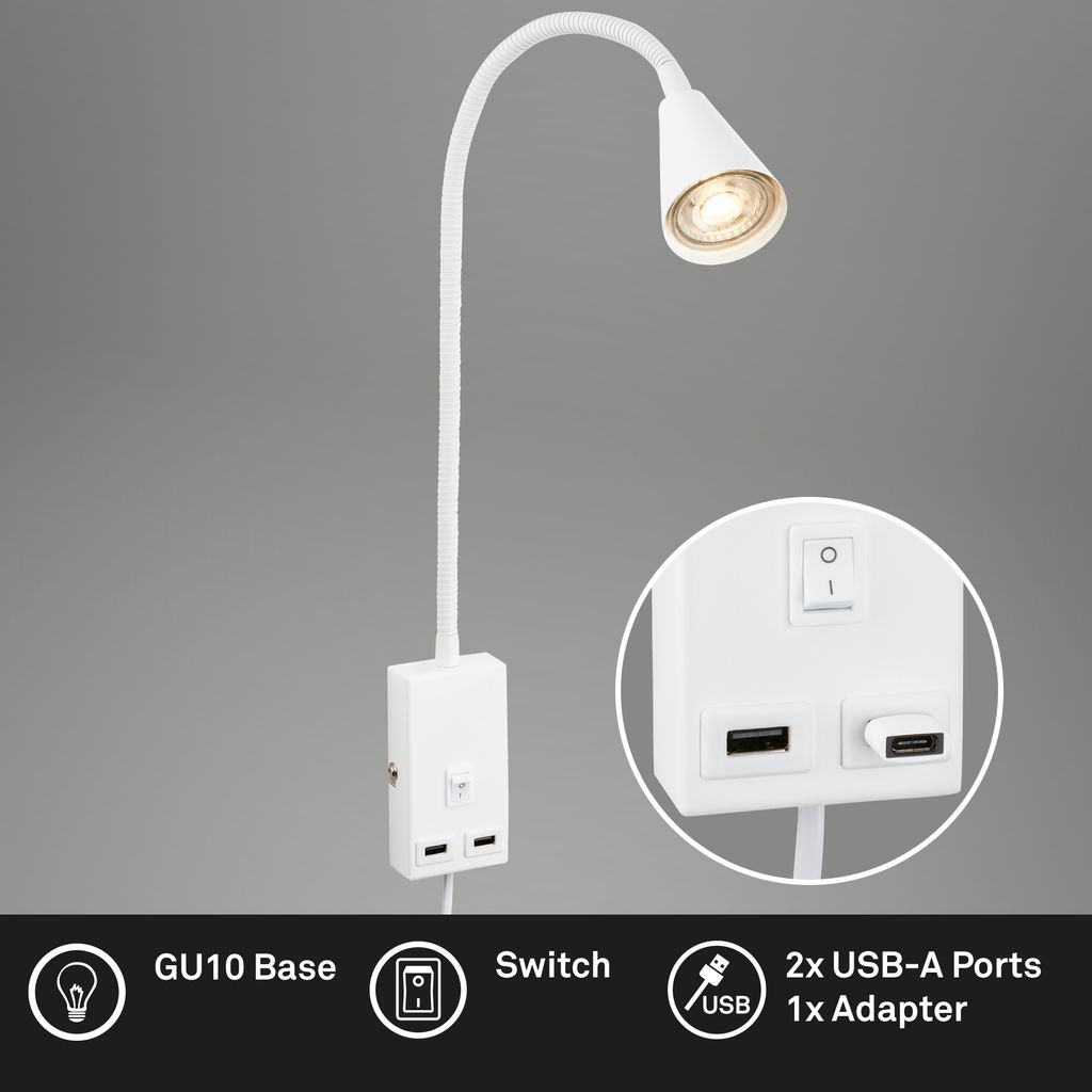 Briloner Justra leeslamp, draaibaar, 2 USB poorten, wit