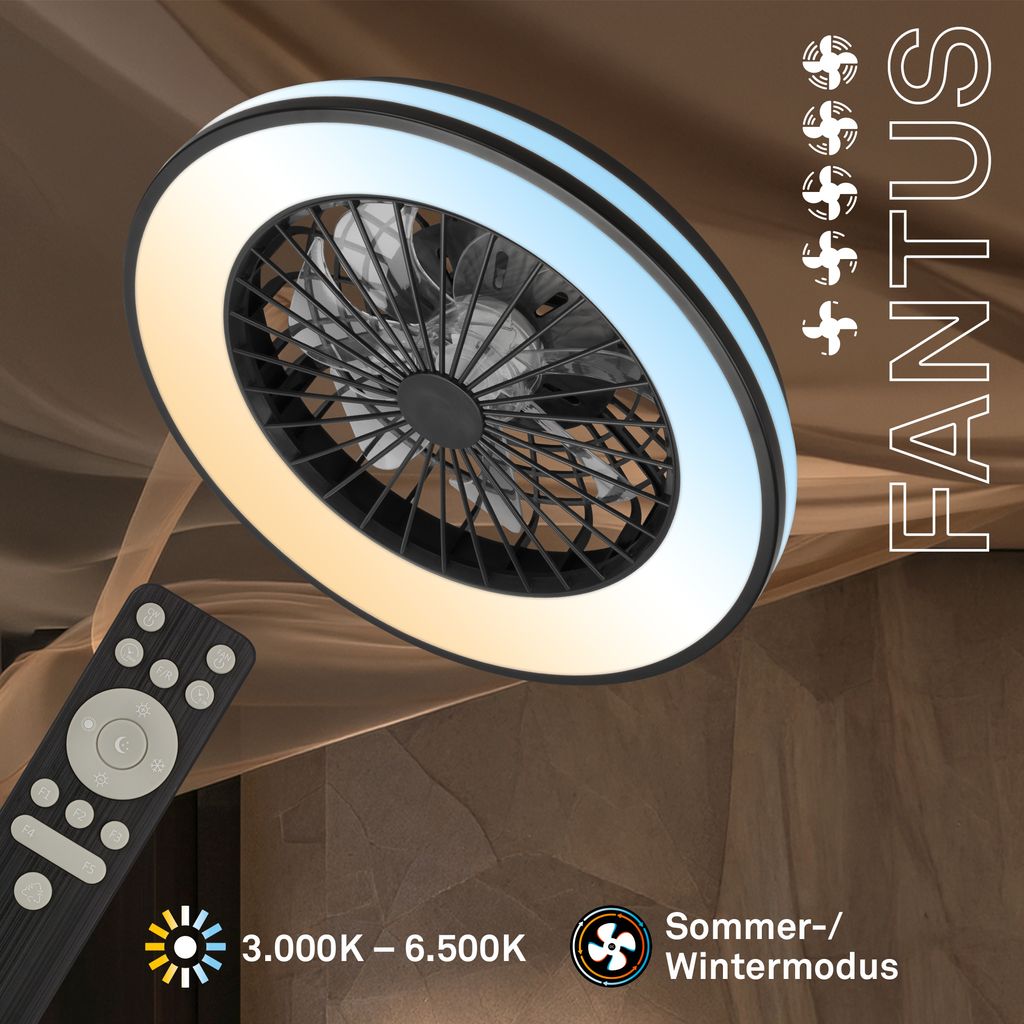 LED Ceiling Fan Light, CCT 3000–6500K, Remote Control, Timer, Black