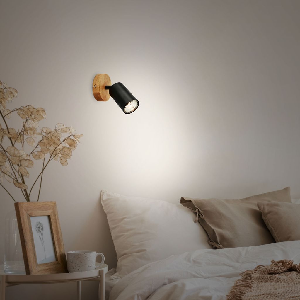 Retro GU10 Ceiling Spot Ø90mm, Metal & Wood Canopy, Matt Black