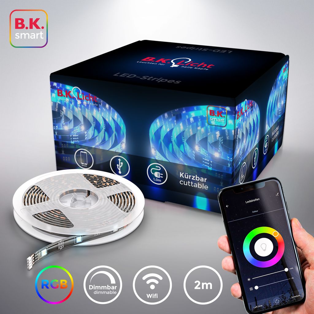 B.K.Licht Smart LED Stripe, 2m/78.7in, Works with App, Alexa, Google Home, Colour Change via Smartphone, WiFi, USB Powered, Self-Adhesive, Silicon Coat, RGB, Voice Control, Black, IP20