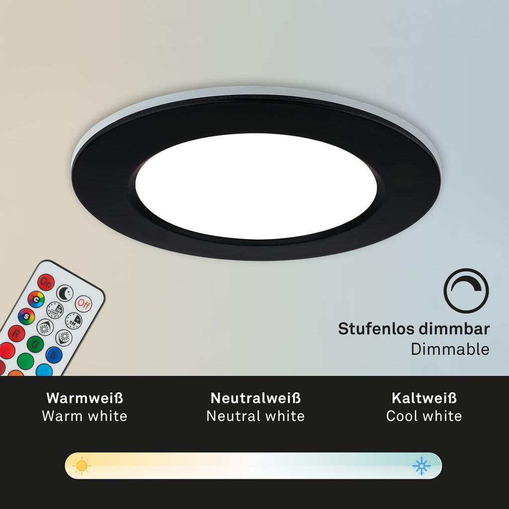 RGB-CCT LED-inbouwlampset, Ø9,2 cm, 3x LED, 4,8 W, 450 lm, zwart
