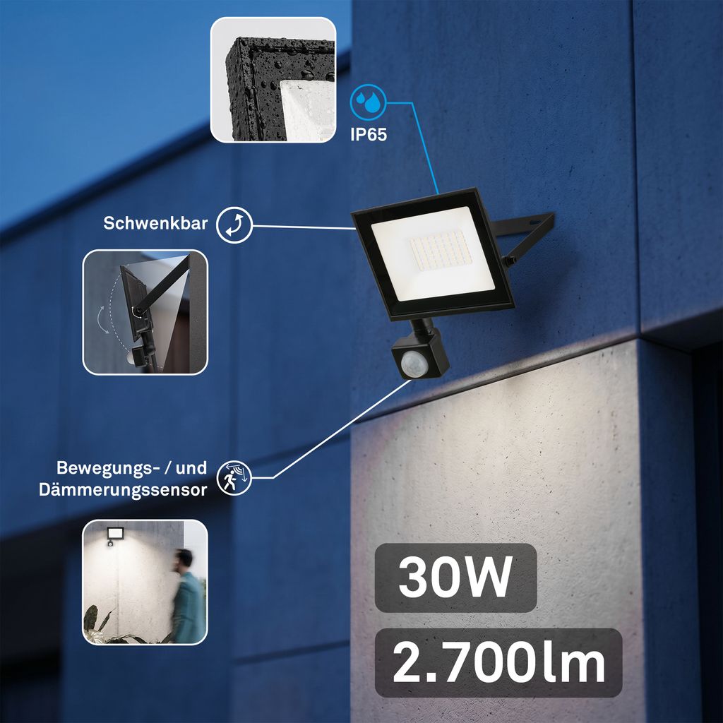 Varo Outdoor Floodlight - 30W, 2700lm, With Motion Sensor, LED, Neutral White, IP65, Black