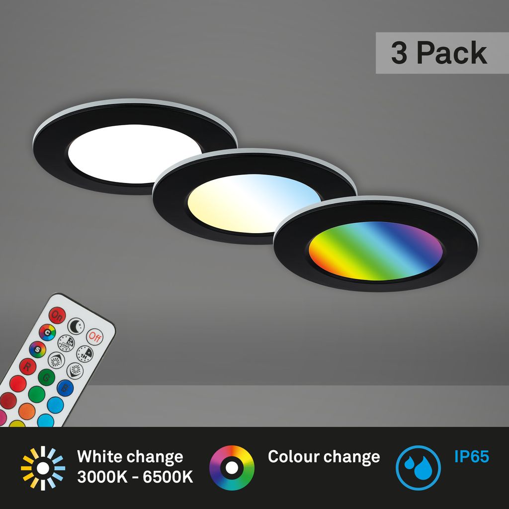 RGB-CCT LED-inbouwlampset, Ø9,2 cm, 3x LED, 4,8 W, 450 lm, zwart