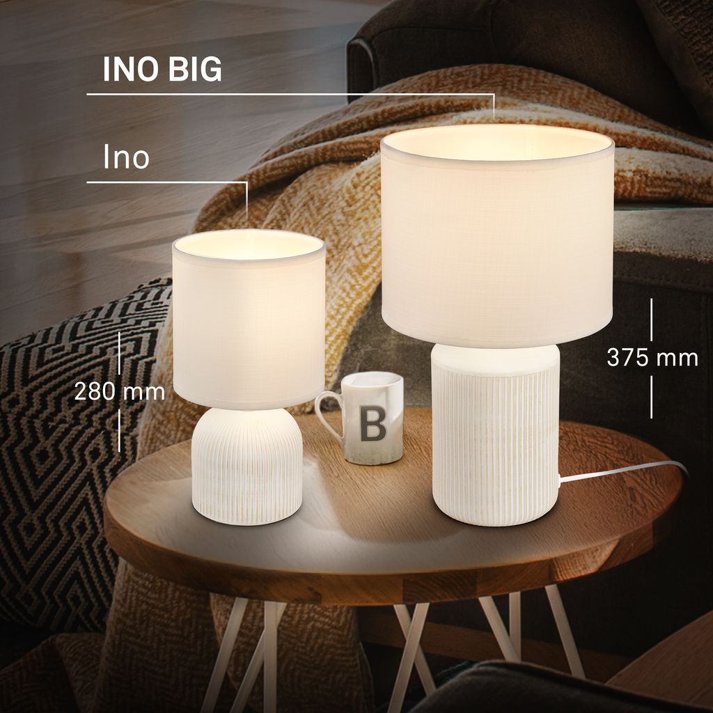 Ino Tischlampe, Stoffschirm, Kabelschalter, Keramikfuß, 22x37,5 cm (DxH), Weiß
