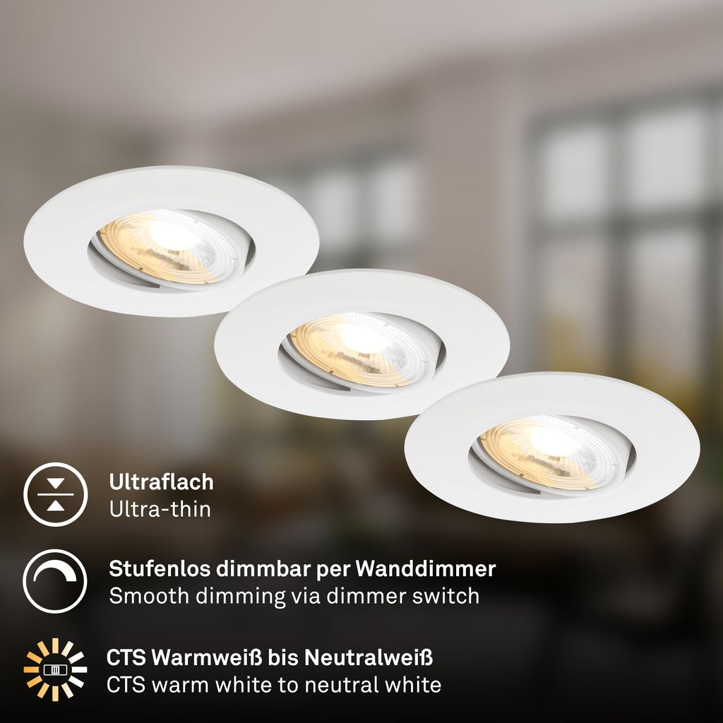 Dimara LED Einbaustrahler 68mm 3er Set - 230V, 4,9W, 460lm, CTS Schalter, Dimmbar, Weiß