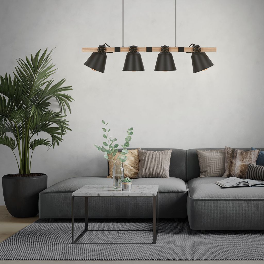 Pendelleuchte Hängelampe Vintage 4-flammig 4xE27 Metall-Holz schwarz Briloner 6