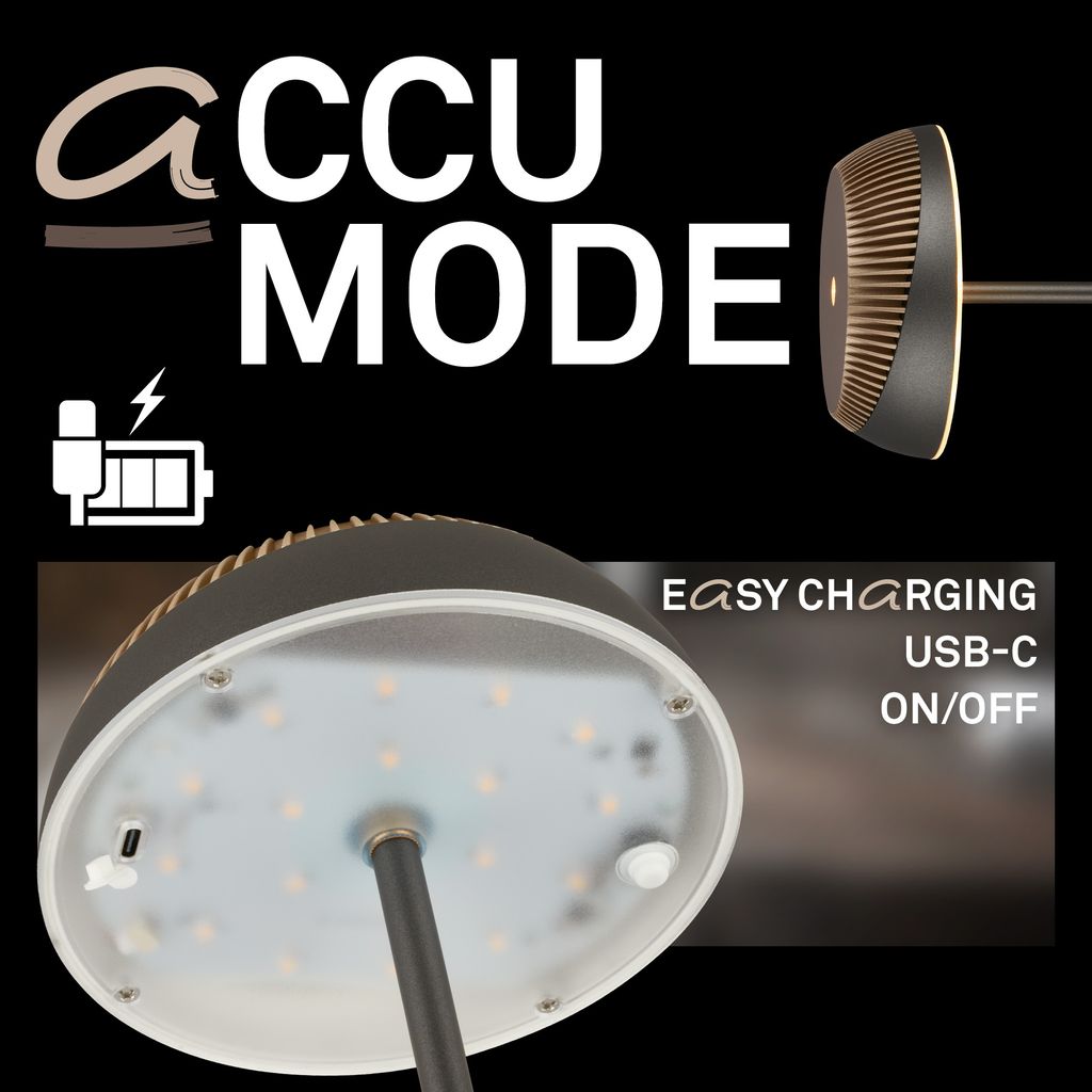 Alusta Tischleuchte - 2W, 200lm, Akku, LED, Touch, Dimmbar, Anthrazit, Bronze metallic
