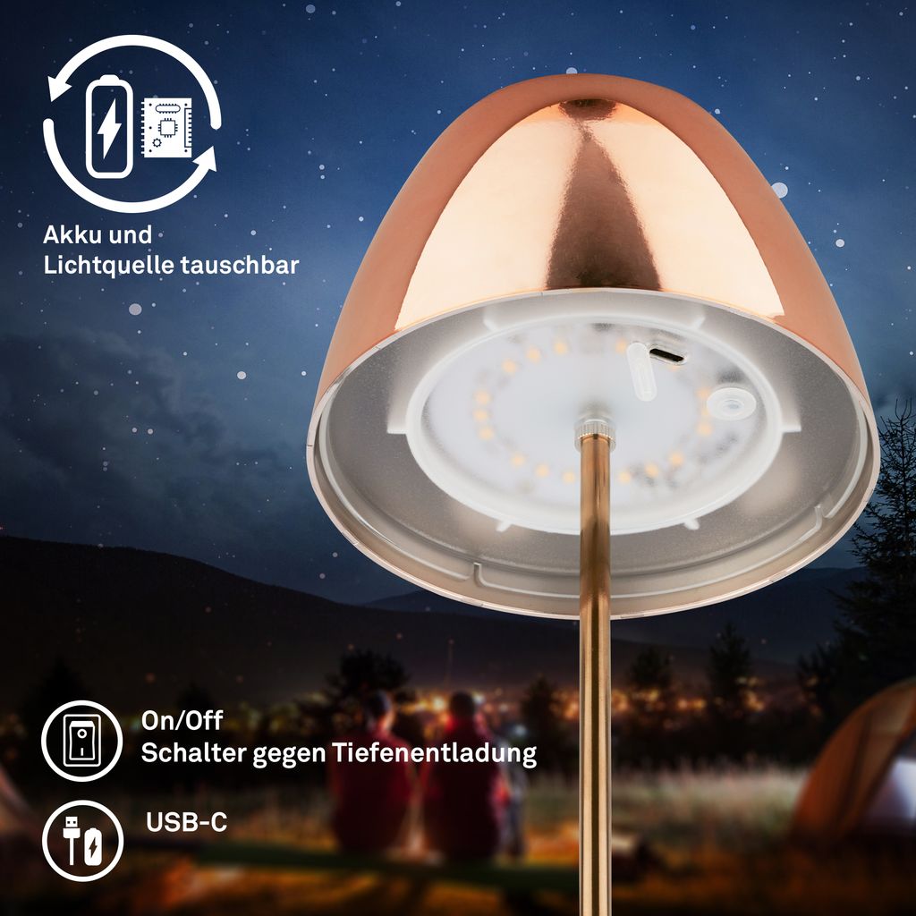Serina Tischlampe 2er Set - 2,5W, 200lm, Kabellos, LED, Touch, Dimmbar, Kupferfarbe