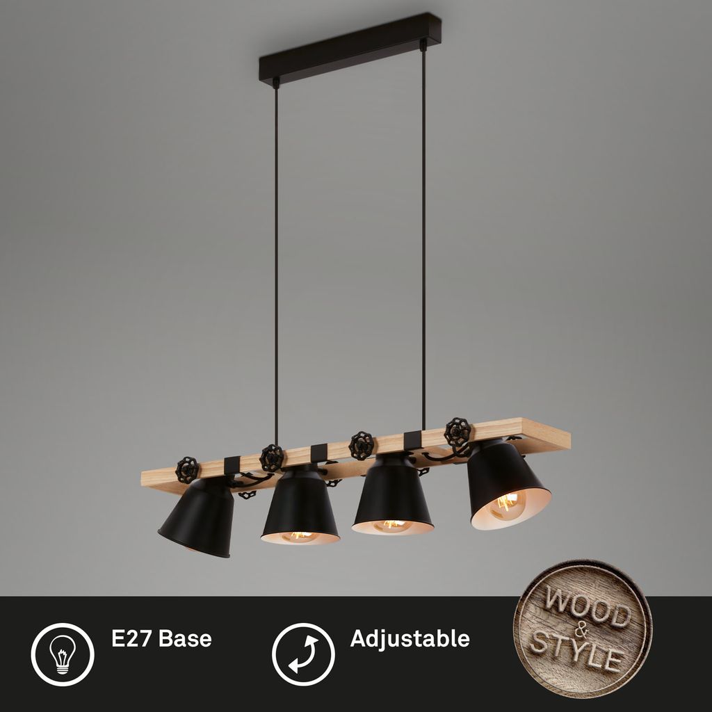 Pendelleuchte Hängelampe Vintage 4-flammig 4xE27 Metall-Holz schwarz Briloner 2