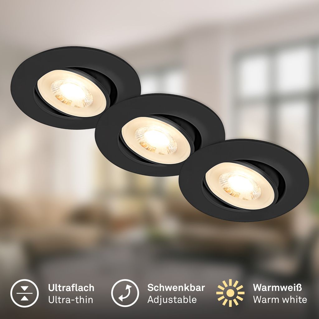 Show Einbaustrahler 68mm 3er Set - 230V, 4,9W, 480lm, LED, Warmweiß, Schwarz
