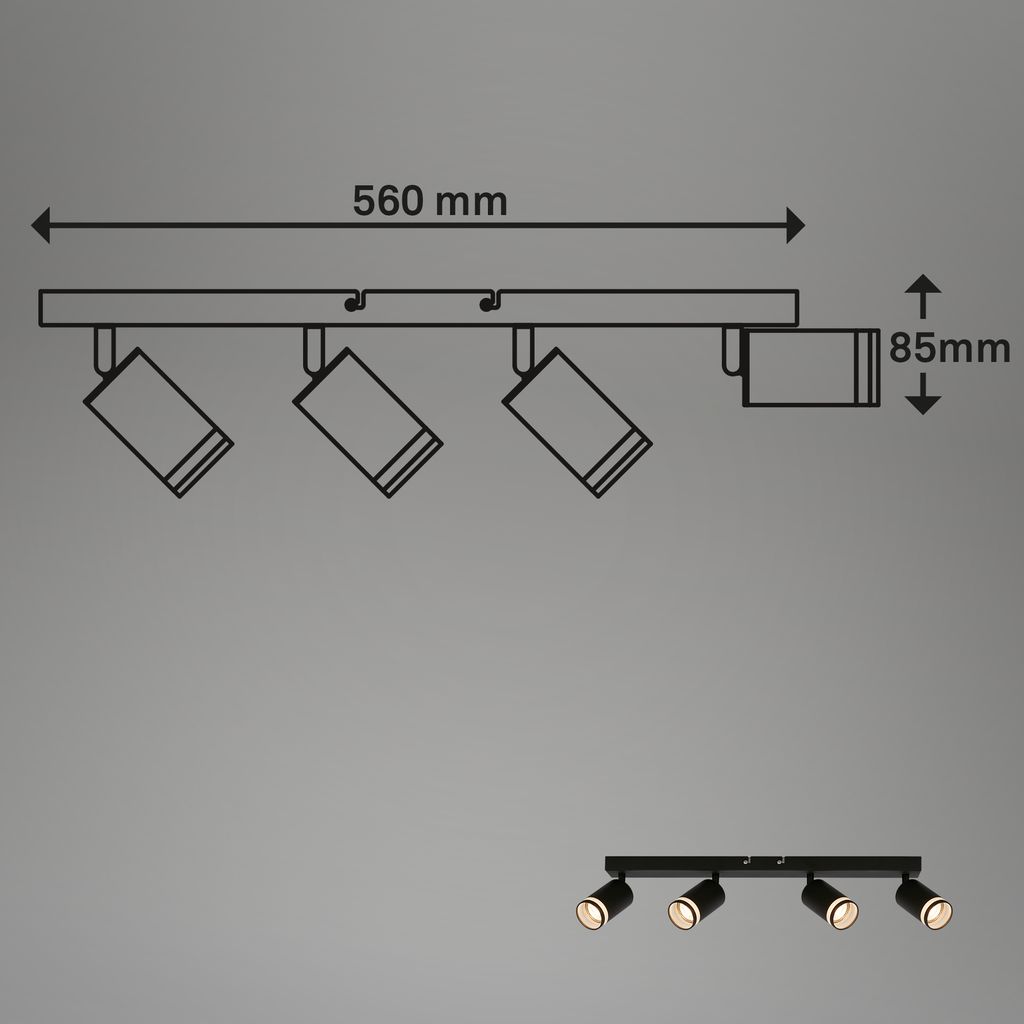 Rub Deckenstrahler, Schwenkbar, Acrylapplikation, 4-flammig, 56cm Länge, Schwarz