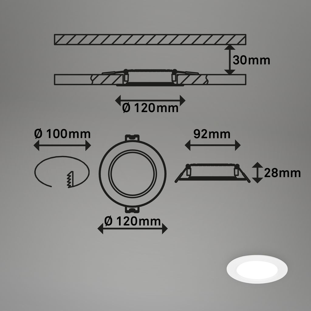 3er Set LED Einbaustrahler Ø120 mm, flach, 6W, 230V, Neutralweiß, Weiß