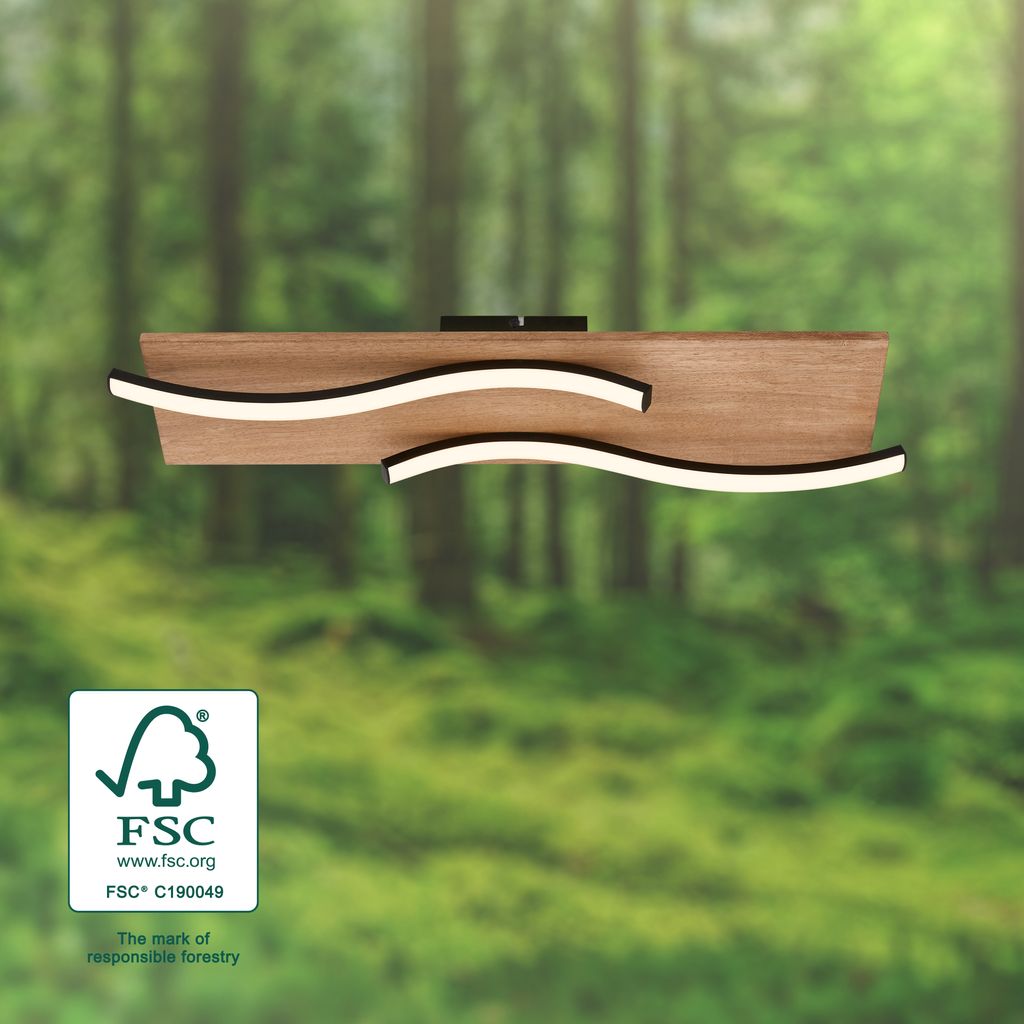Vinka LED Deckenlampe, wellenform, Holzdekor, warmweißes Licht, Schwarz-Holz, 55cm Länge