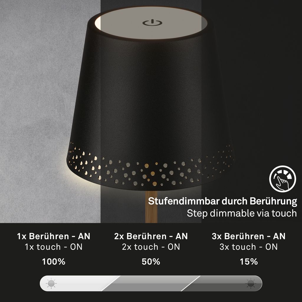 LED cordless table lamp 38 cm 2.6 W 280lm black-wood
