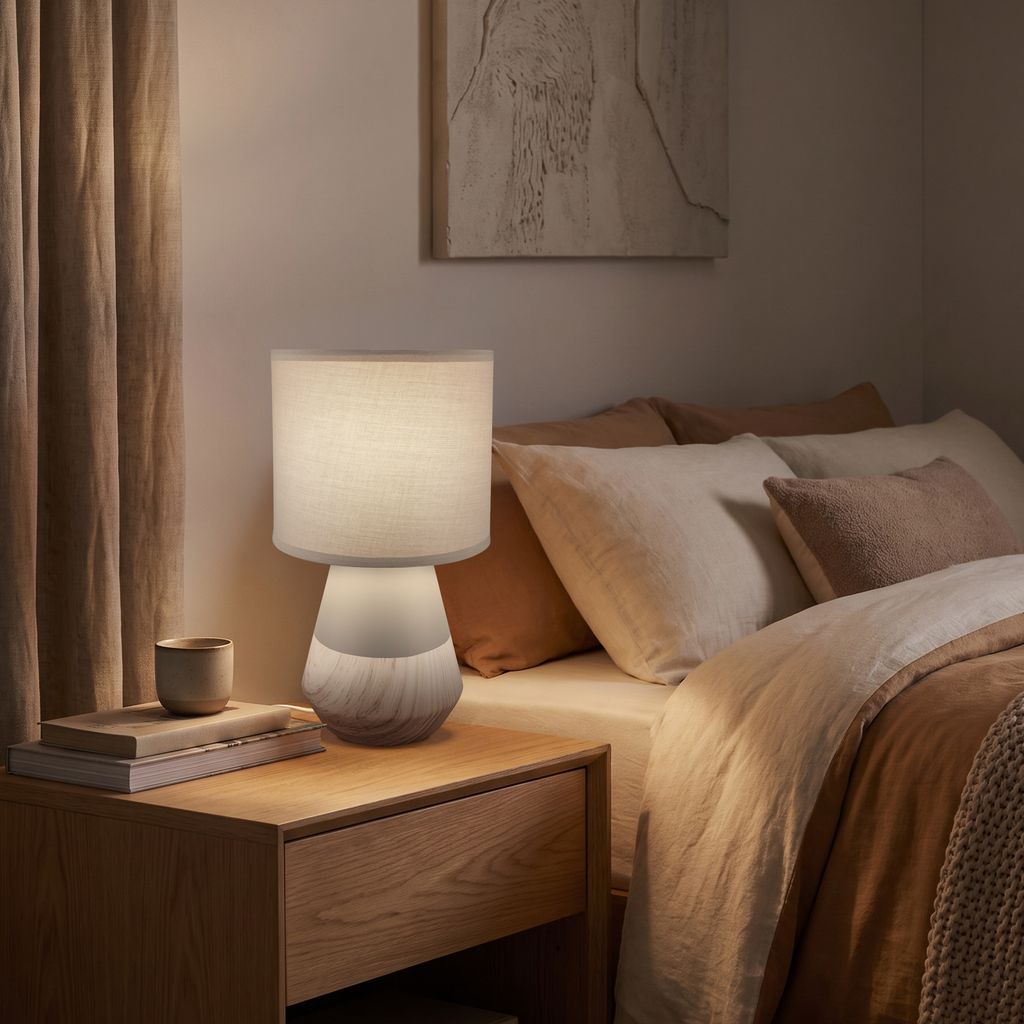 Linda Tischlampe - mit Schalter, Keramik, E14 Fassung, Grau-Holzoptik