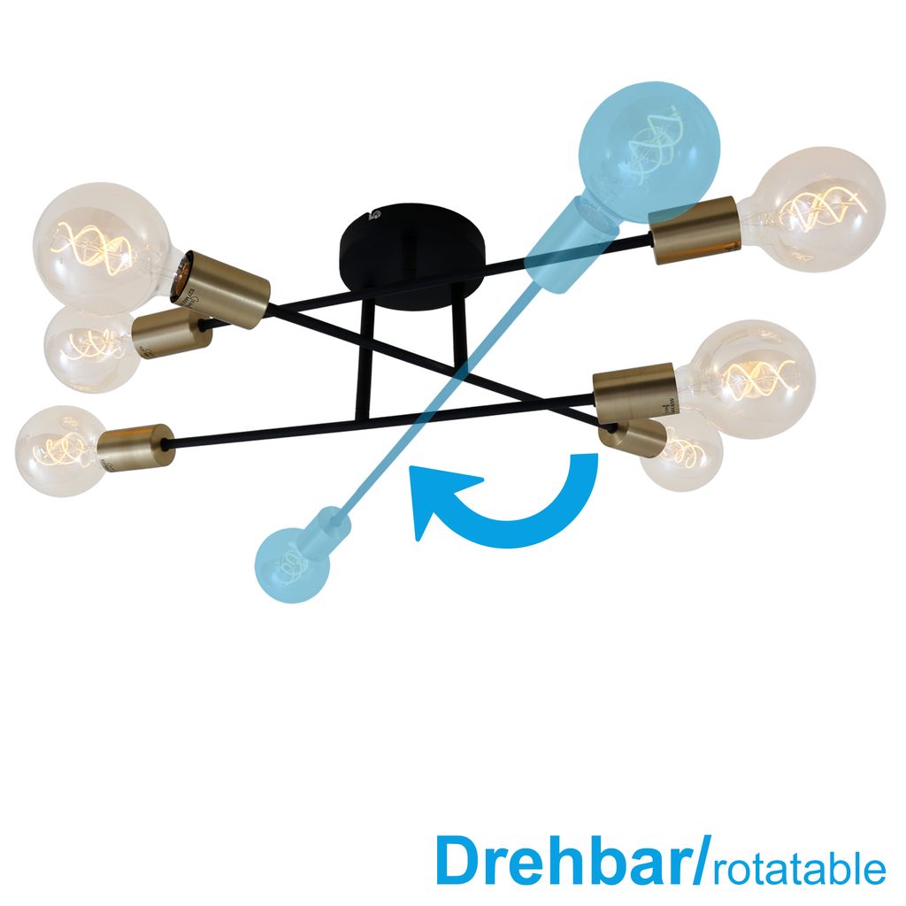 Retro Deckenleuchte 6-flammig ? 55 cm, E27, drehbar, Vintage Design, Schwarz-Gold