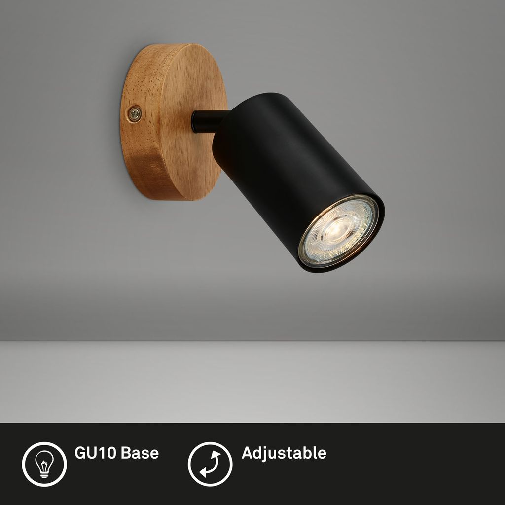 Retro GU10 Ceiling Spot Ø90mm, Metal & Wood Canopy, Matt Black