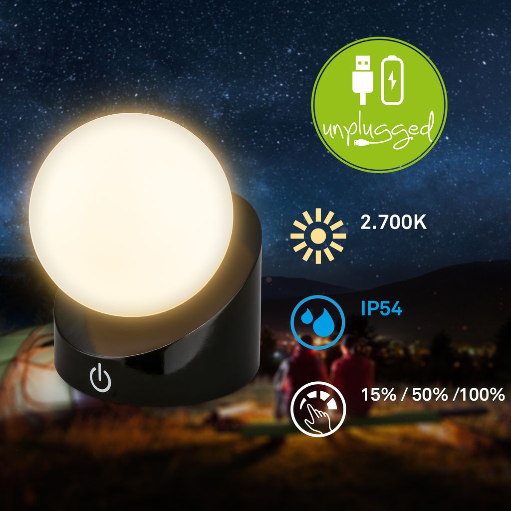 Briloner Sora Mini LED Tischlampe kabellos IP54, Dimmbar, Touch, Schwarz