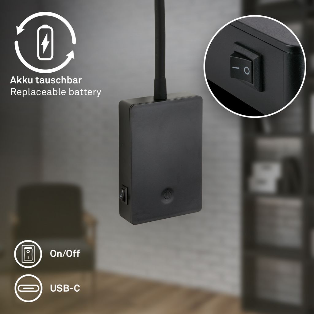 Smooth Reading Lamp - 2W, 150lm, Rechargeable Battery, LED, Dimmable, Black