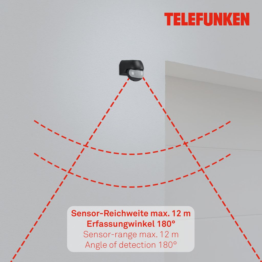 Bewegungsmelder 12 Meter Reichweite max. 1000W LED Kunststoff IP44 Telefunken 4