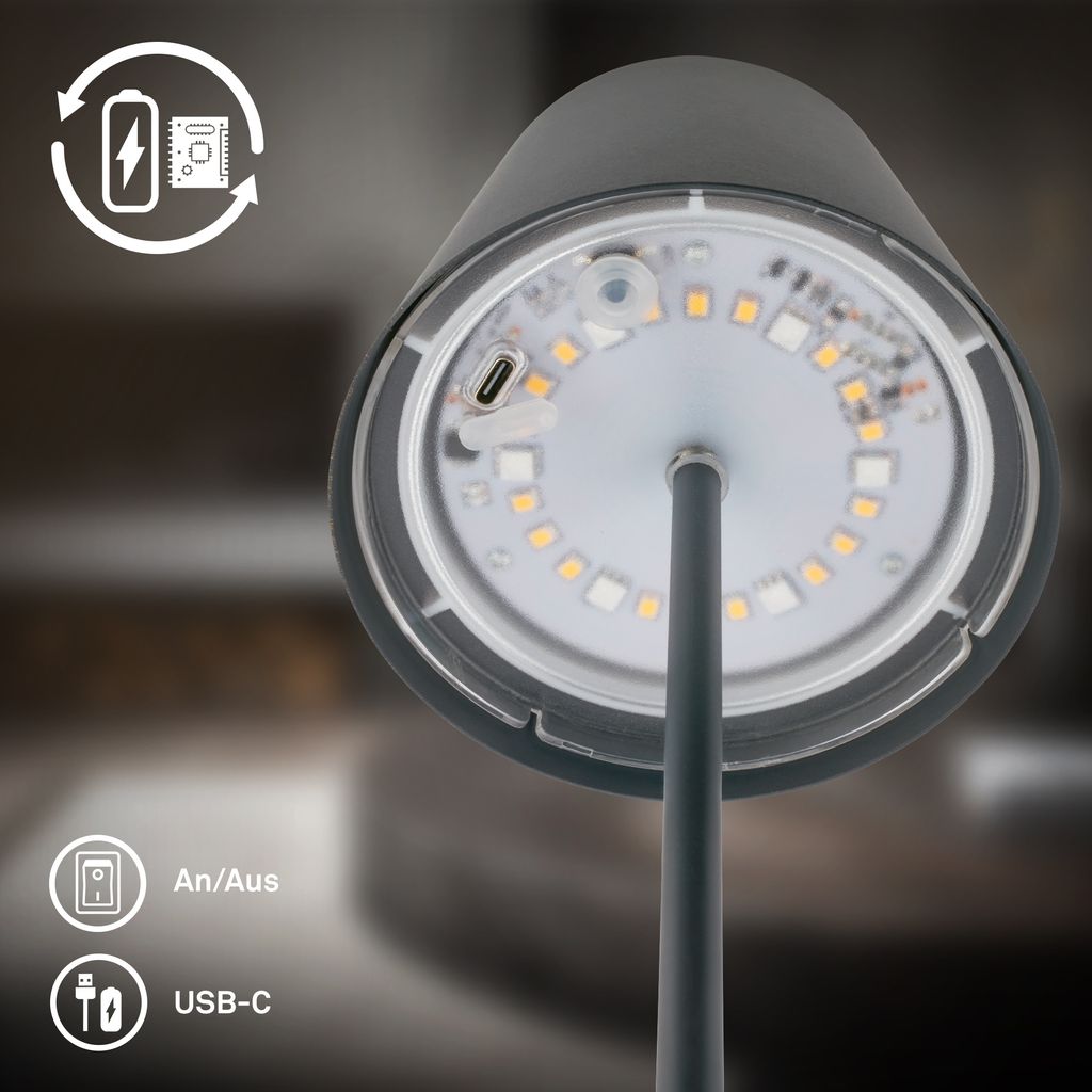 Briloner Calida 3 in 1 RGBW Tischlampe Akku IP44, Dimmbar, Touch, Anthrazit