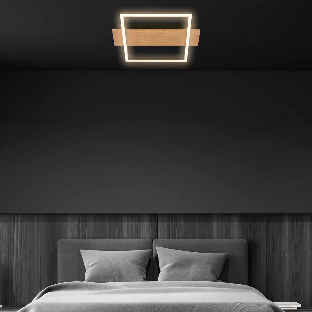 Kada LED Deckenlampe, Holzdekor, warmweißes Licht, Eckig 34x26 cm, Schwarz-Holz