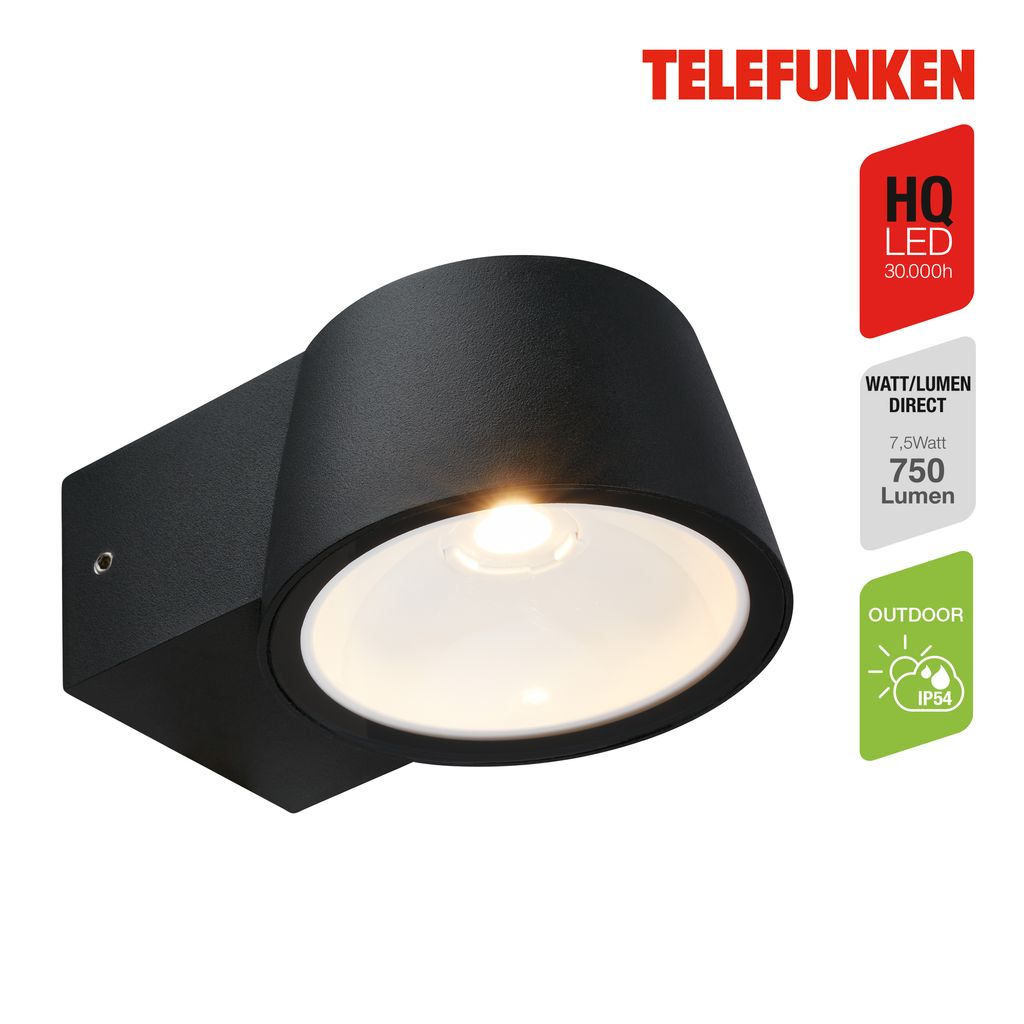 Telefunken LED Wandlampe Aussen, IP54 Spritzwasser- und Staubschutz, On/Off, Alu-Schwarz