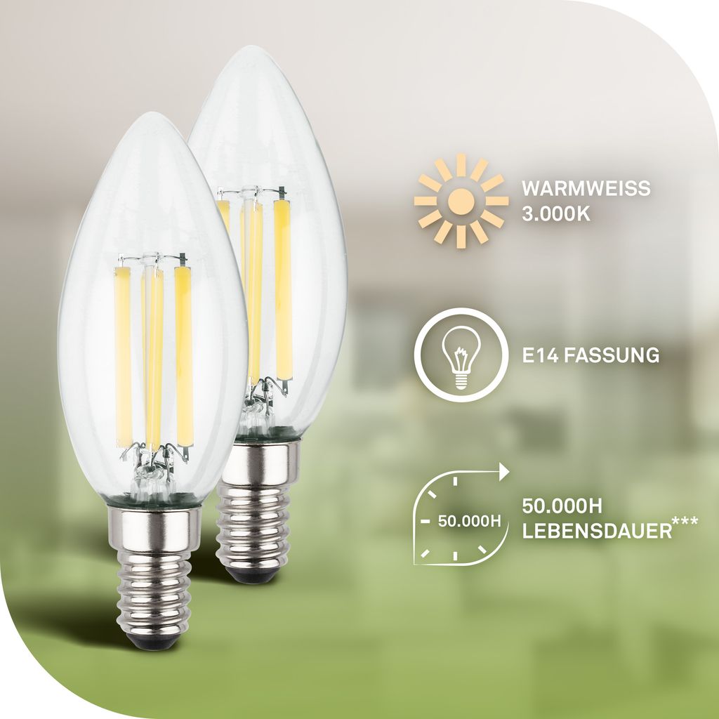 2er Set LED Leuchtmittel E14 LED Lampe Kerze Warmweiß Effizienzklasse A 1