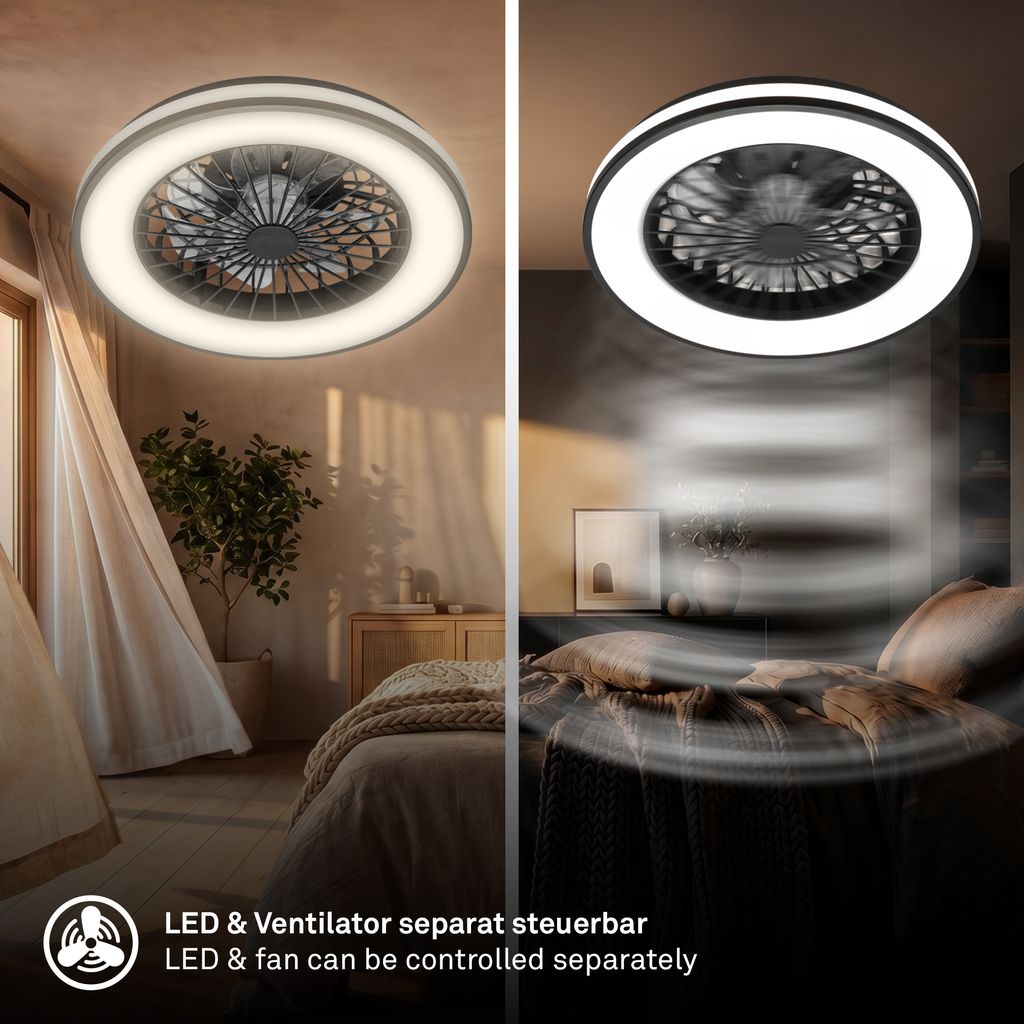 LED Ceiling Fan Light, CCT 3000–6500K, Remote Control, Timer, Black