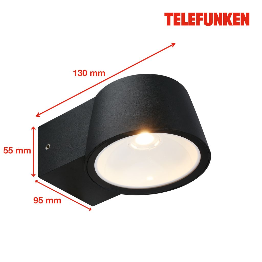 Telefunken LED Wandlampe Aussen, IP54 Spritzwasser- und Staubschutz, On/Off, Alu-Schwarz