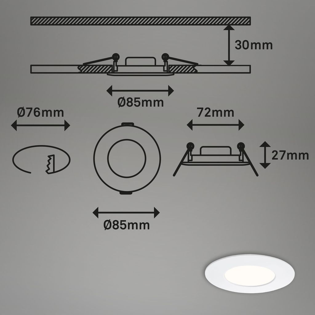 LED Einbauleuchte Badleuchte 3er Set IP44 4.9W weiß Kunststoff Ø8.5 cm Briloner 7