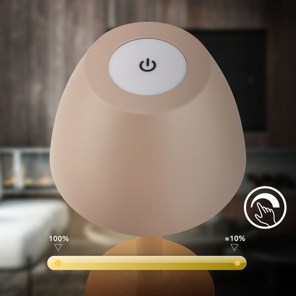 Serina Wood Rechargeable Table Lamp - 2.5W, 200lm, Cordless, LED, Touch, Dimmable, Beige-Wood