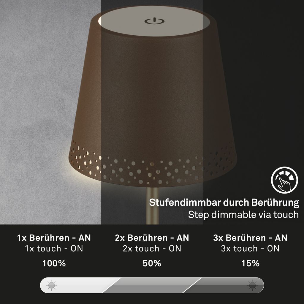 LED Akku-Tischleuchte Tischlampe verstellbar IP44 braun gold RGB innen außen 4