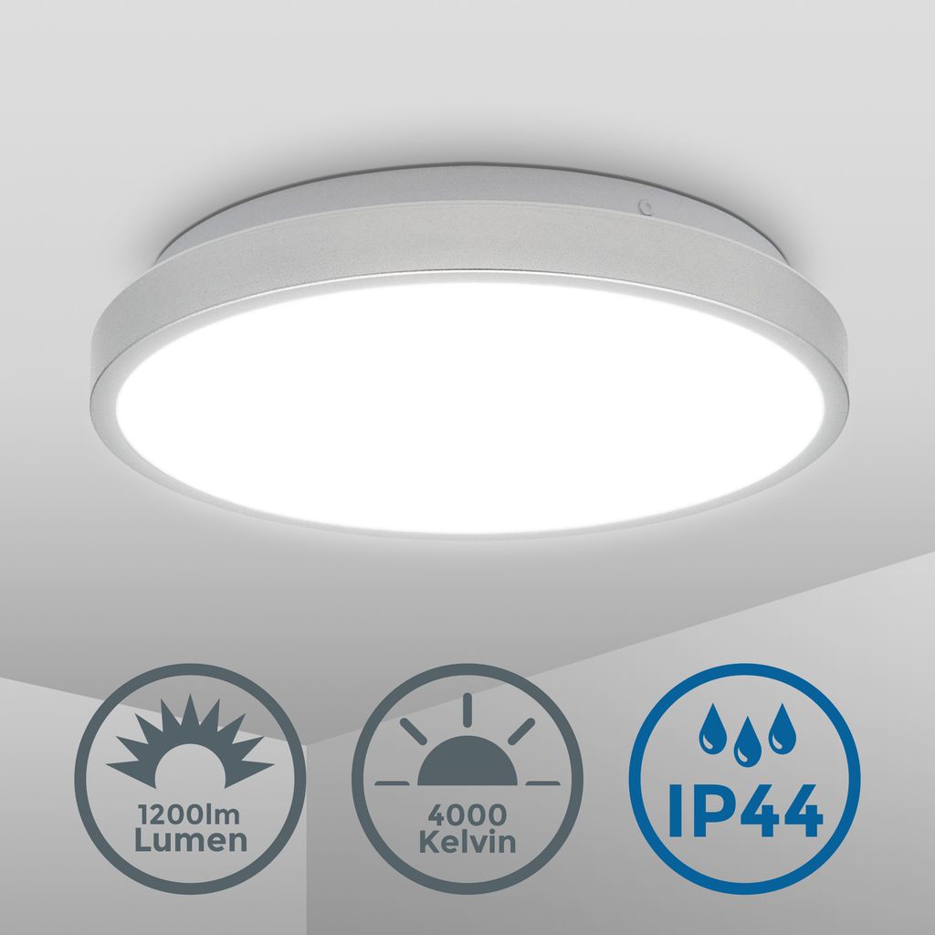 Deckenlampe Ø29 cm - 12W, 1200lm, LED, IP44, neutralweiß, silberfarbig