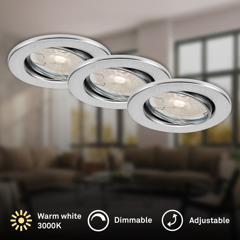 LED downlight set 3-flame "DIMM" I metal / aluminium coloured I incl. 3 x LED/GU10 5,5W 400lm 3.000K I Lifetime 25.000 h, Ra>=80 I dimmable I pivotable I IP23 I 86x70mm (DxH) I 60mm installation depth I 68mm (D) installation dimension