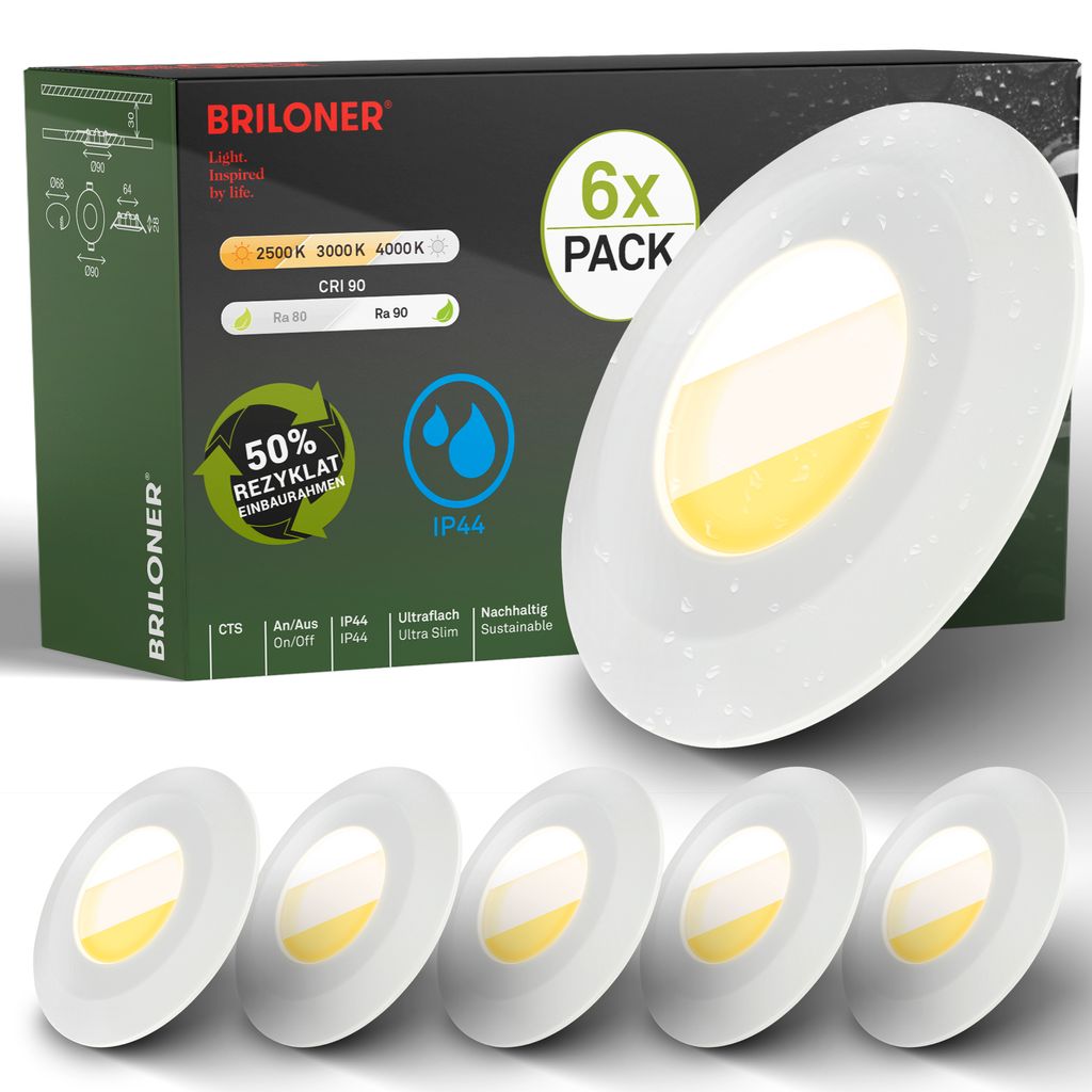 Briloner 6er Set LED Bad Einbaustrahler Ø90 mm ? IP44, CTS, flach, 5W, 520 lm, 230V, Weiß