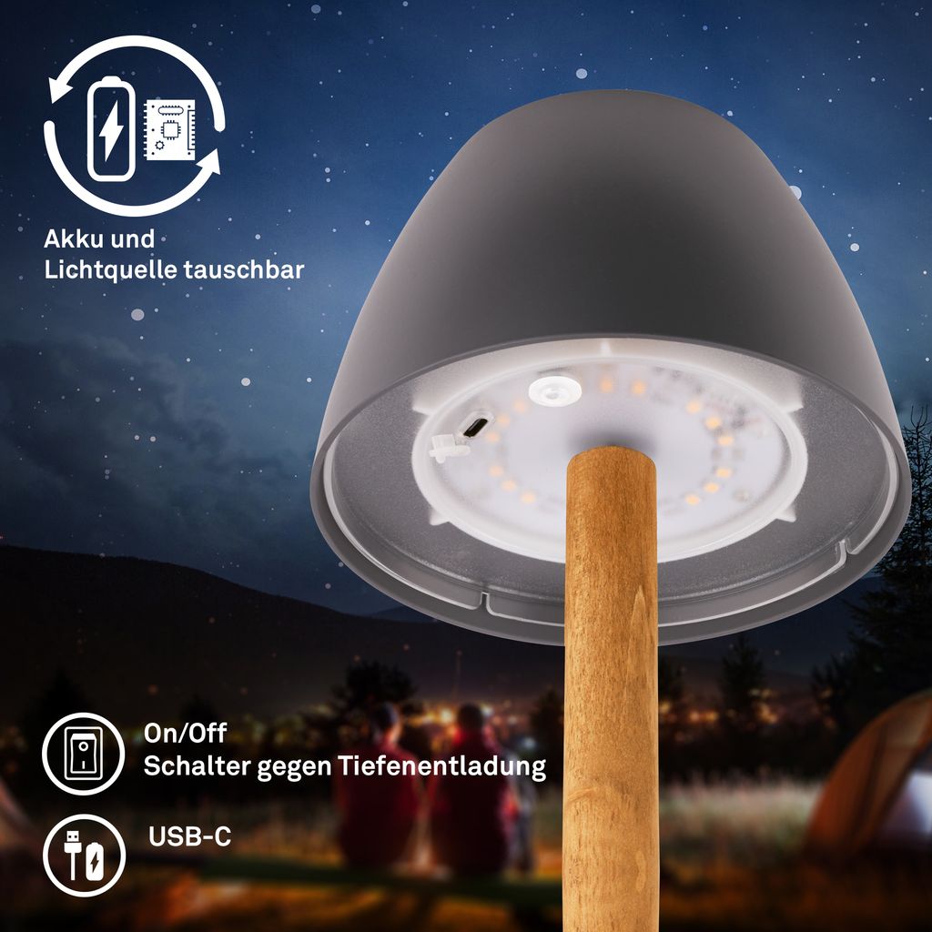 Serina Wood Rechargeable Table Lamp - 2.5W, 200lm, Cordless, LED, Touch, Dimmable, Anthracite-Wood