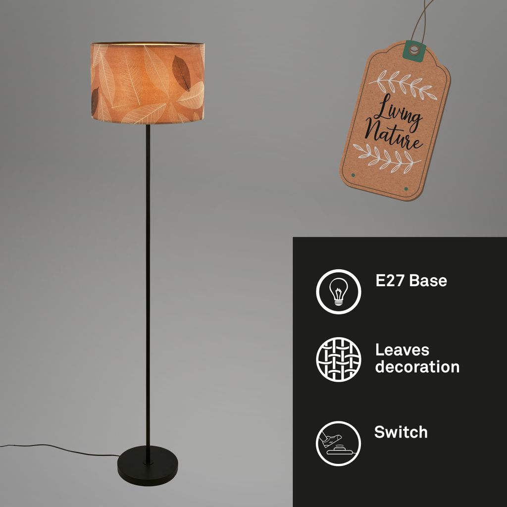 Briloner Mata Stehlampe, Blätterdekor, Ein/Aus Fußtaster, Caffefarben