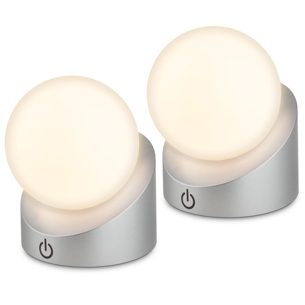 Briloner Sora Mini LED Tischlampe kabellos IP54, Dimmbar, Touch, 2er Set, Chrom-Matt